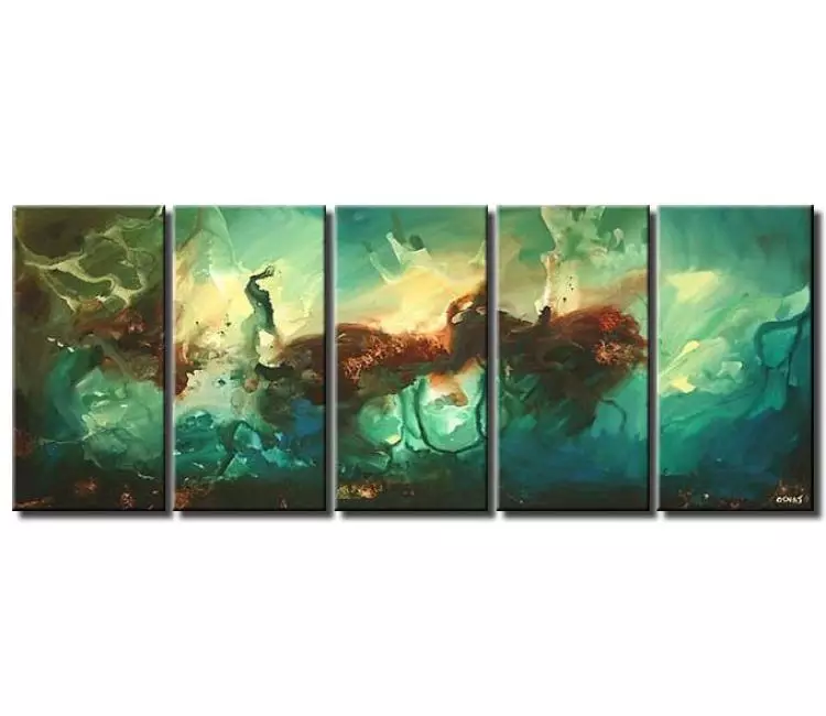 abstract painting - big long turquoise yellow abstract painting on canvas modern wall art for living room