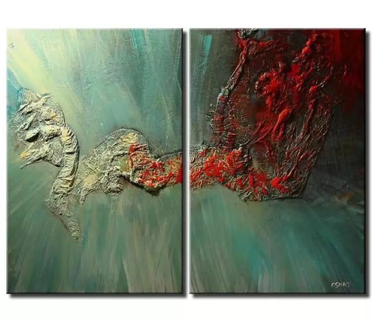 abstract painting - modern textured turquoise red abstract painting on large canvas art for living room