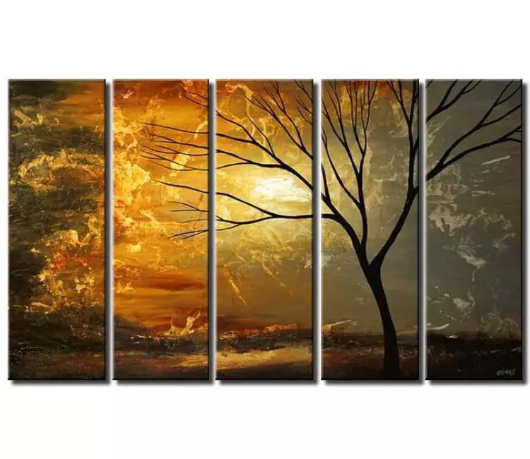 landscape paintings - original big abstract landscape tree painting on canvas grey yellow modern large wall art