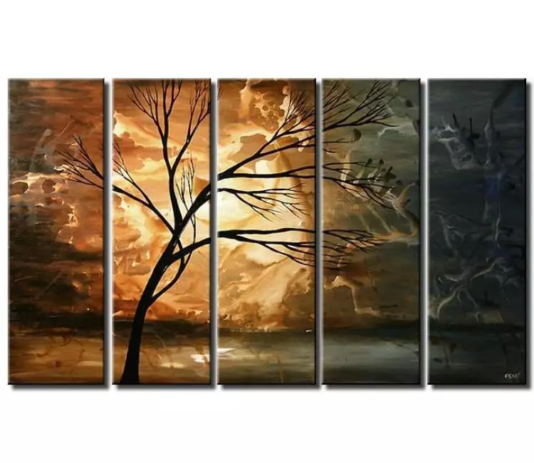 landscape paintings - big neutral abstract landscape tree painting on canvas blue beige original modern wall art in earth tone colors