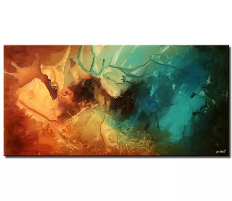 fluid painting - turquoise rust abstract painting on canvas modern wall art for living room calming wall art