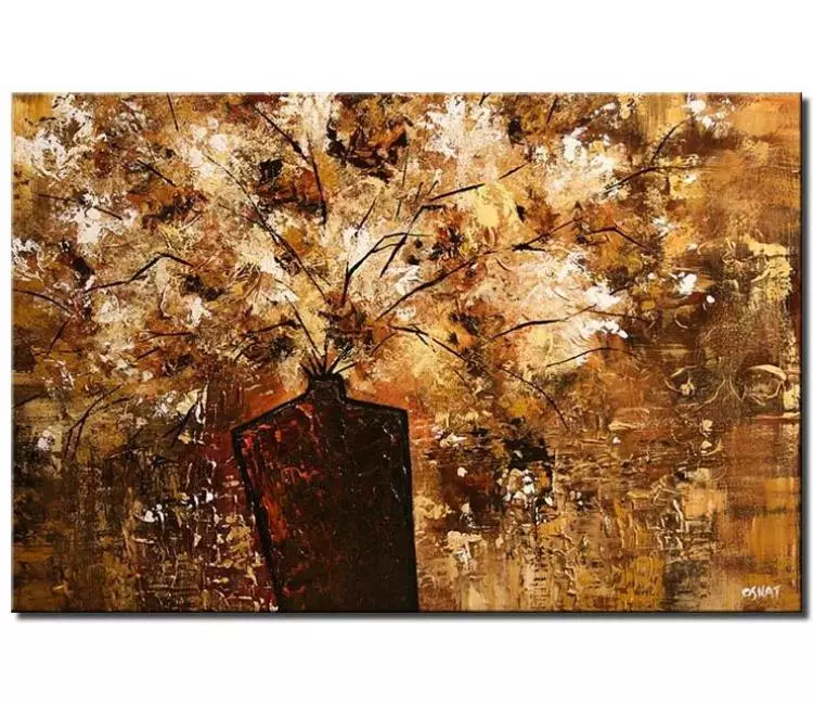floral painting - textured original flowers in vase painting on canvas brown white earth tone colors modern living room wall art