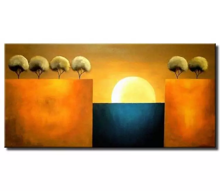 landscape paintings - surreal abstract landscape moon painting on canvas blue orange modern art