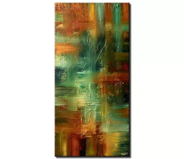 abstract painting - vertical green abstract art on canvas modern textured earth tone colors painting rust green entryway hallway wall art