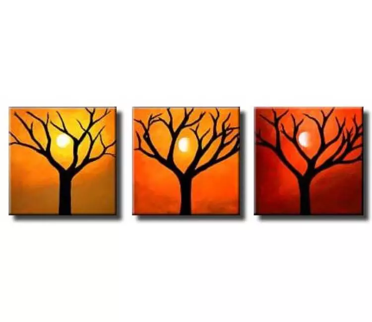 landscape paintings - multi panel set of 3 modern trees moon painting on canvas red in orange yellow colors