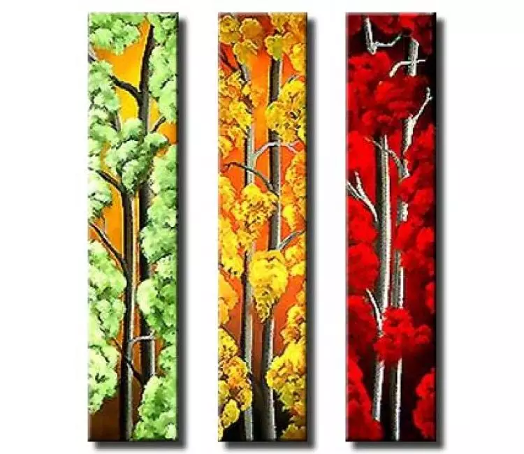 forest painting - set of 3 abstract blooming trees painting on canvas modern textured seasons painting
