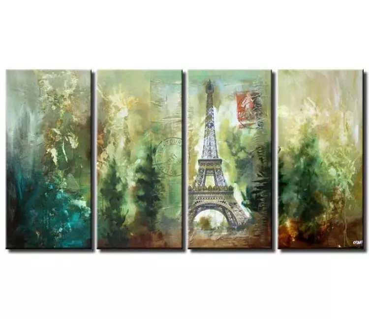 abstract painting - big mixed media Eiffel tower painting on canvas modern green wall art
