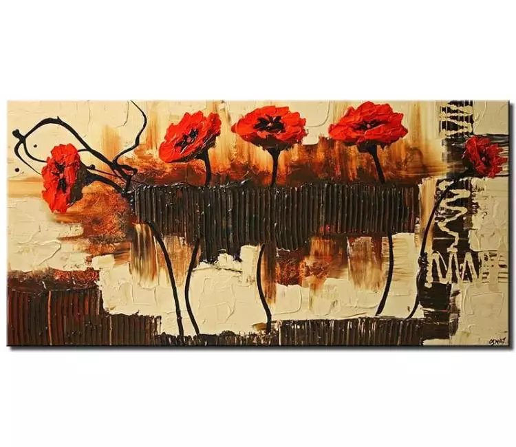 floral painting - red poppies painting textured flowers abstract painting on canvas neutral earth tone colors modern wall art
