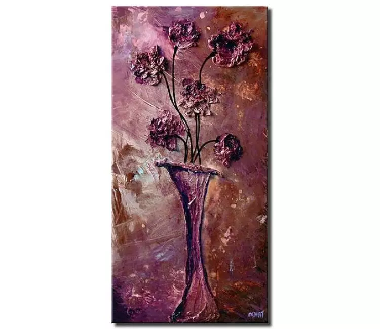 floral painting - purple flowers in vase abstract painting on canvas modern textured vertical art