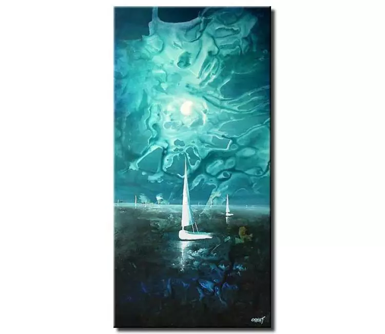 sailboats painting - blue abstract ocean sailboats painting on canvas modern vertical seascape living room wall art