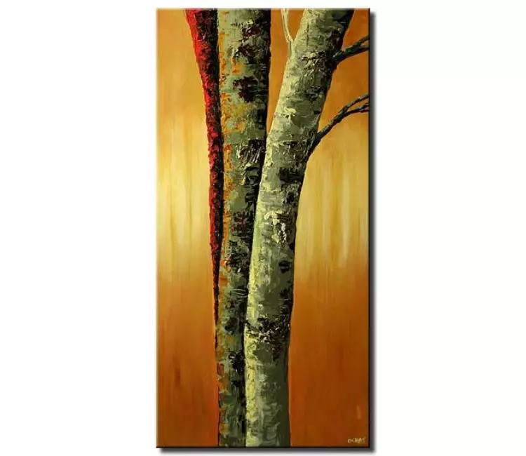 landscape paintings - abstract birch tree painting on canvas modern green yellow  living room wall art
