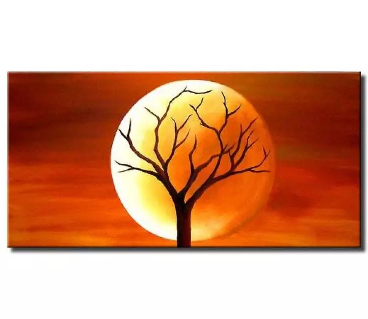 landscape paintings - abstract full moon painting modern surreal art orange tree painting