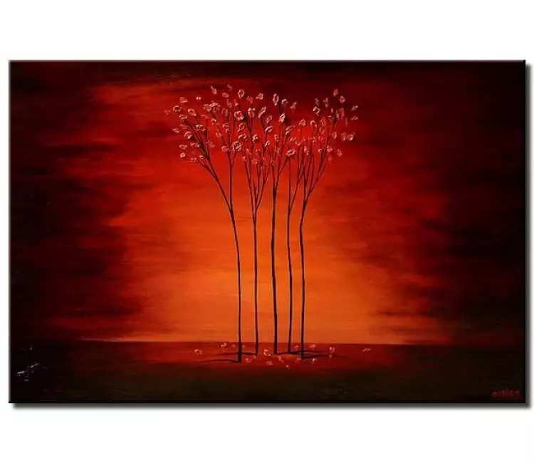 landscape paintings - modern red abstract trees painting on canvas minimalist original textured art