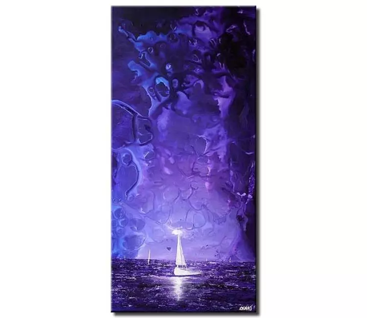 sailboats painting - vertical purple abstract seascape painting on canvas original boat painting modern living room wall art