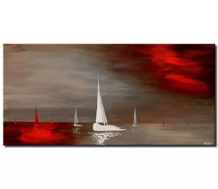 sailboats painting - original sailboats painting on canvas minimalist red grey painting textured modern abstract art