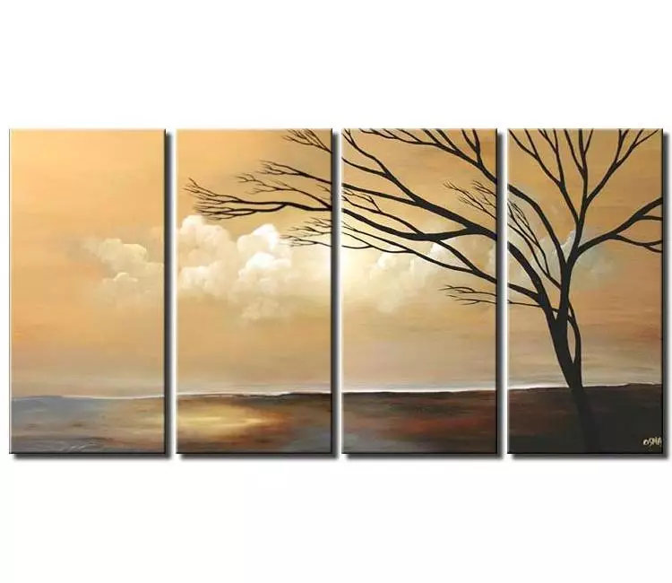 landscape paintings - big multi panel abstract landscape tree painting on canvas large modern beige art