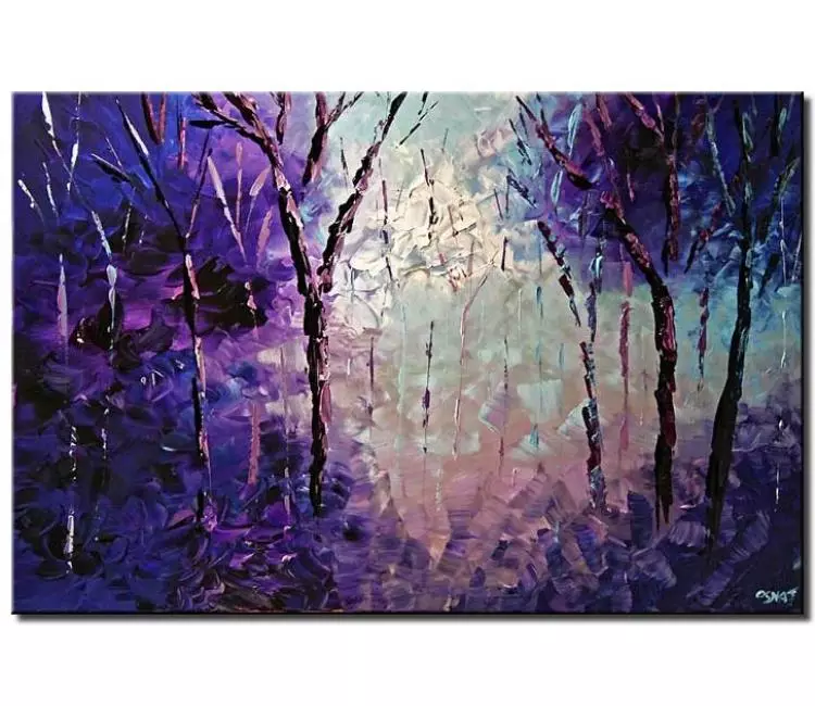 forest painting - purple forest landscape trees painting on canvas original modern palette knife textured painting