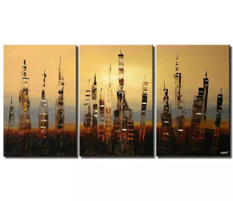 cityscape painting - big abstract cityscape painting on canvas multi panel art textured with palette knife modern art