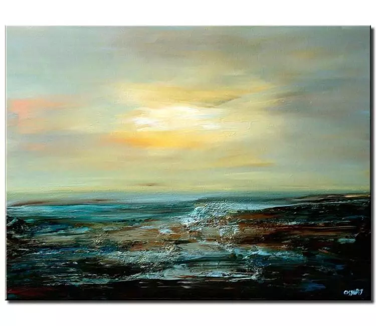 landscape paintings - textured abstract sunrise seascape painting on canvas modern minimalist calming ocean painting in blue colors