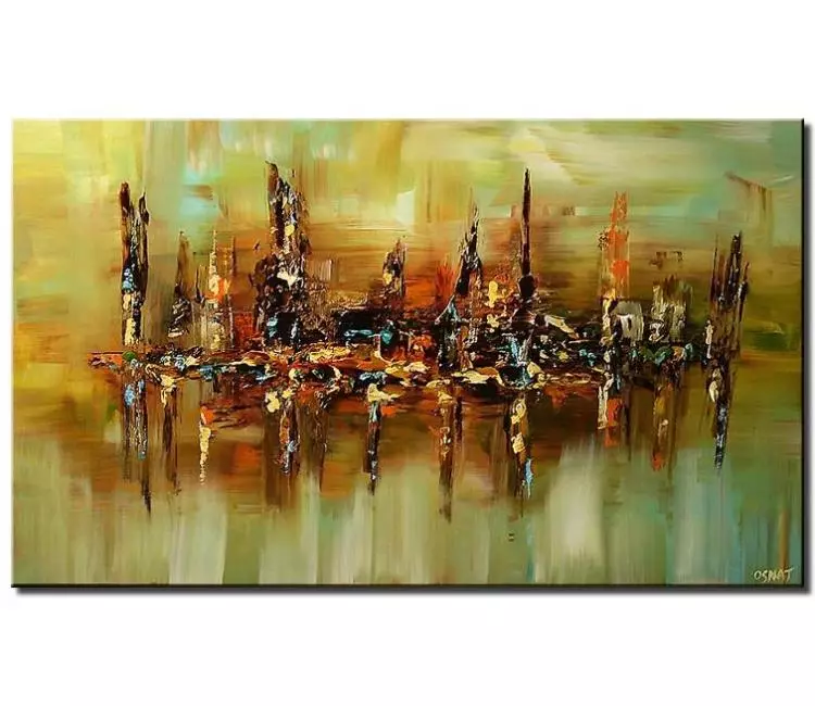 cityscape painting - abstract city painting on canvas original textured green painting modern palette knife art