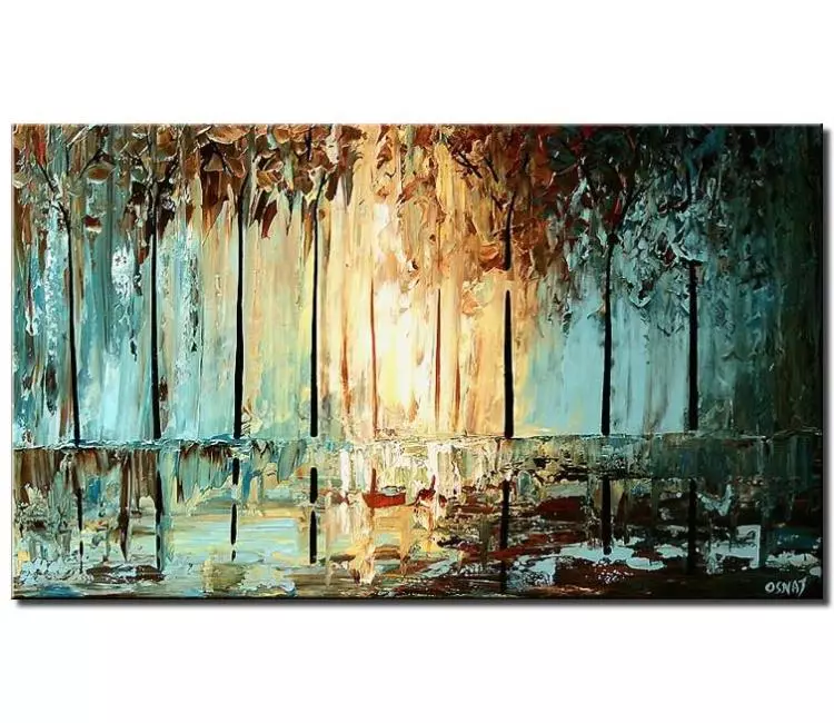forest painting - teal abstract trees painting on canvas light blue forest painting modern textured art for living room