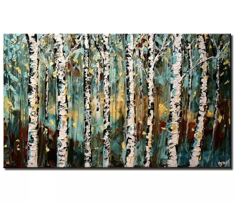 landscape paintings - modern abstract white birch trees Painting 3d art forest painting teal wall art for living room