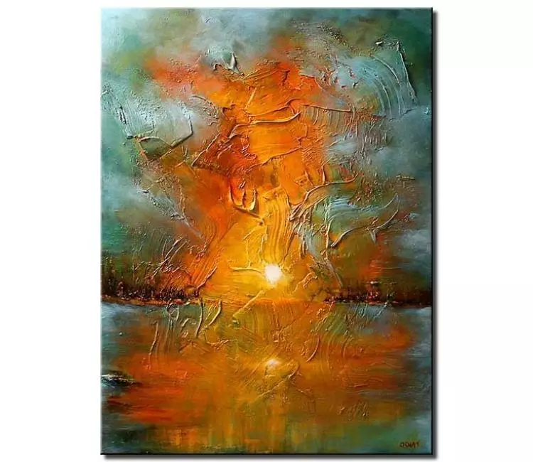 landscape paintings - abstract sunset painting on canvas light blue orange textured seascape landscape painting modern art