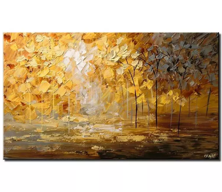landscape paintings - modern palette knife landscape forest painting on canvas original textured trees painting yellow grey colors