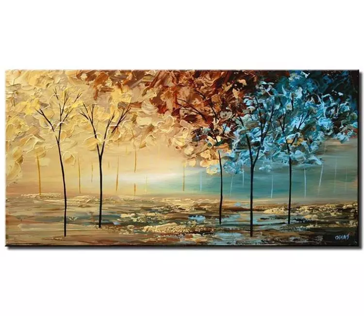 landscape paintings - teal beige abstract trees painting on canvas modern textured palette knife art original neutral wall art for living room