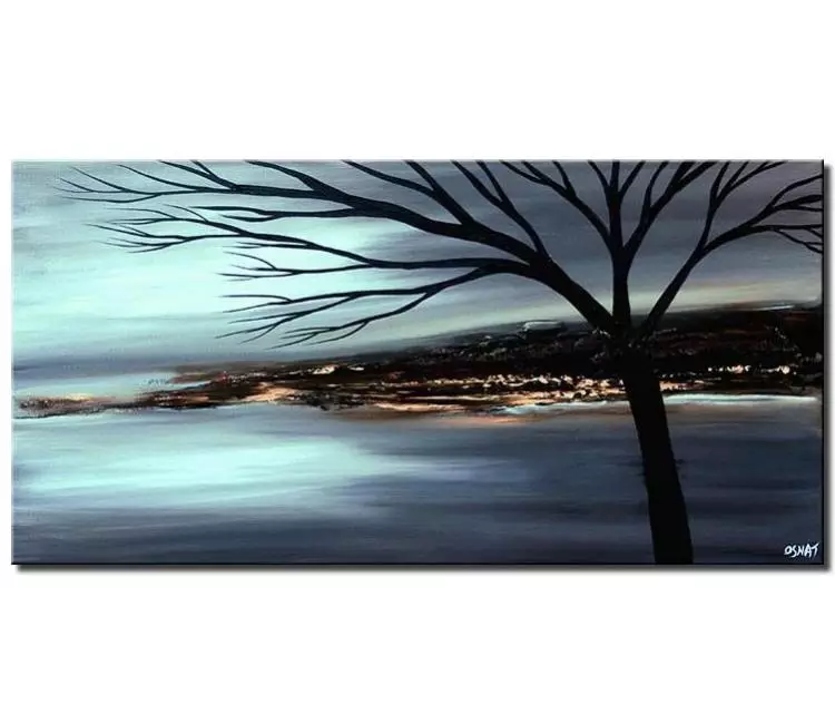 landscape paintings - light blue abstract tree painting on canvas original modern calming wall art for living room