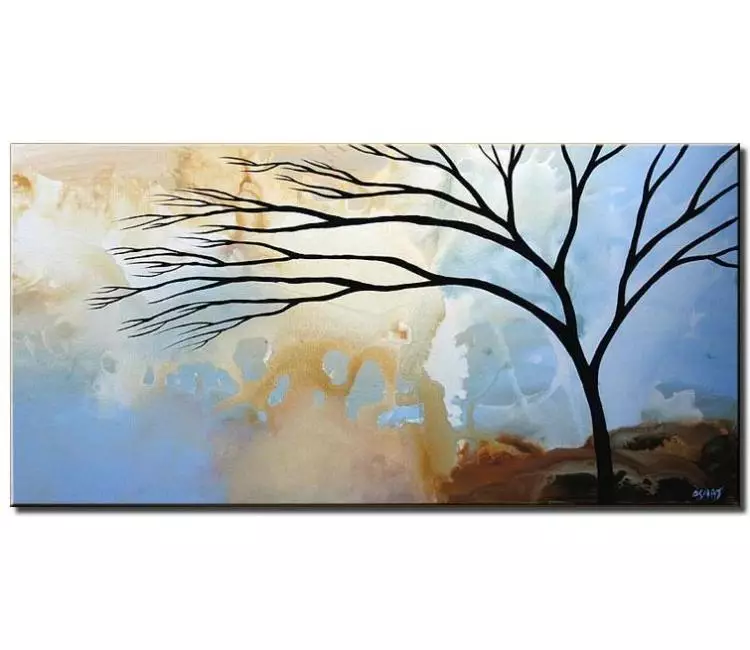 landscape paintings - modern abstract tree painting on canvas in neutral colors light blue beige painting for living room