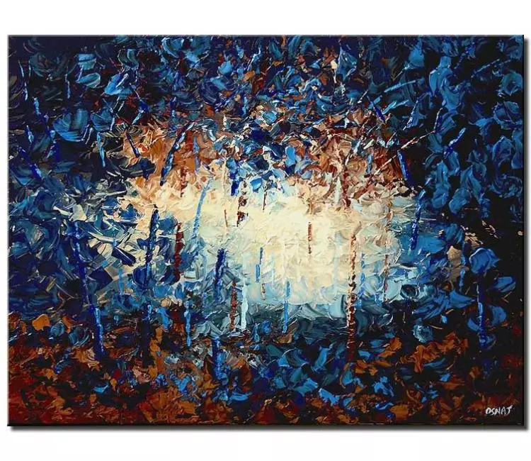 landscape paintings - brown blue abstract forest trees painting on canvas modern palette knife art for living room