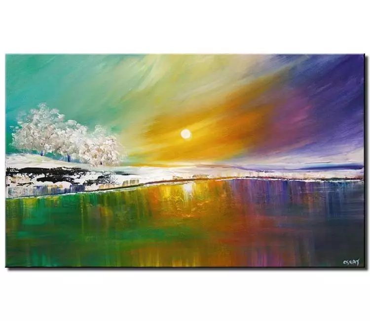 landscape paintings - beautiful colorful landscape painting on canvas modern textured abstract nature art with water reflection