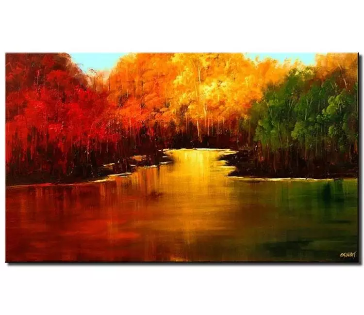 forest painting - textured autumn abstract landscape art on canvas original sunset on river painting modern forest trees art