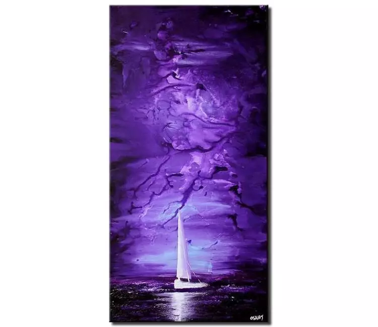sailboats painting - vertical abstract boat painting on canvas original modern purple acrylic painting modern art