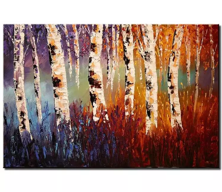 landscape paintings - colorful abstract birch trees painting on canvas original  textured forest painting acrylic modern palette knife