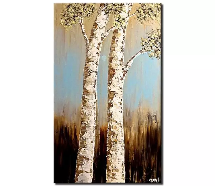 landscape paintings - abstract birch trees painting on canvas original textured neutral trees art beige light blue modern palette knife