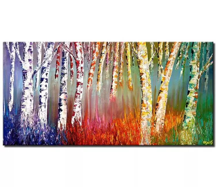 landscape paintings - enchanted forest painting on canvas original colorful abstract birch trees painting modern palette knife oil acrylic painting
