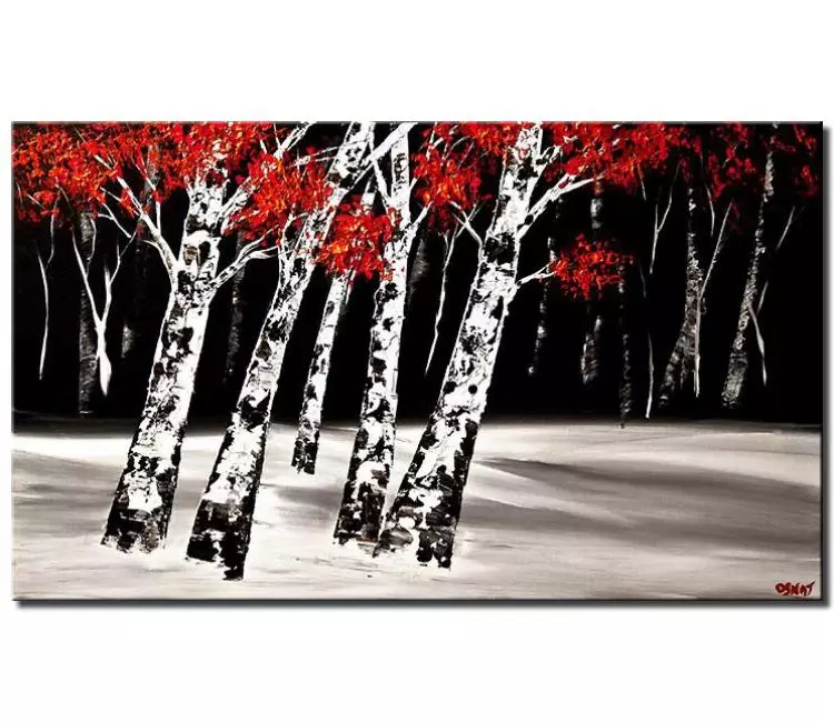 landscape paintings - black white red abstract landscape art on canvas minimalist original modern palette knife birch trees painting