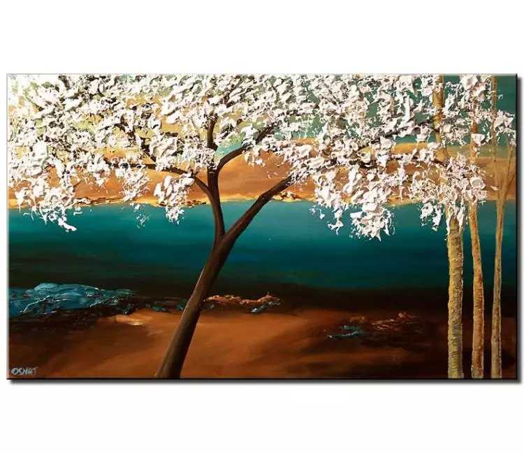forest painting - abstract almond tree painting on canvas original teal blooming tree painting textured modern tree art