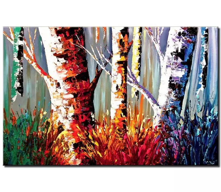 landscape paintings - colorful abstract birch trees painting on canvas original modern textured forest trees art