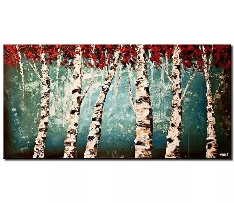 landscape paintings - abstract birch trees painting on canvas original textured turquoise red forest birch trees painting for living room