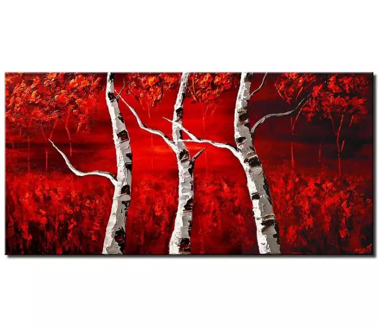 landscape paintings - red landscape abstract art on canvas white birch trees painting modern palette knife oil acrylic painting