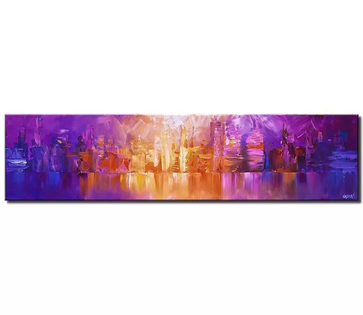 cityscape painting - abstract city painting on canvas original textured purple orange painting modern palette knife art