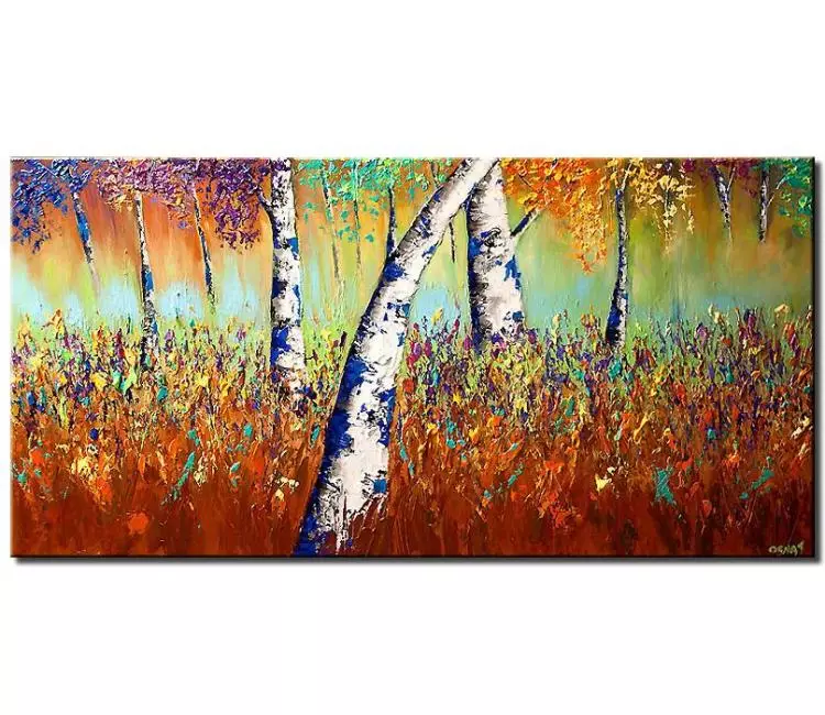 landscape paintings - magical forest abstract painting on canvas colorful original textured birch trees painting contemporary art