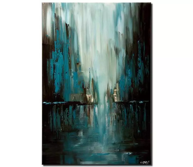 cityscape painting - teal blue minimalist abstract cityscape painting on canvas original vertical city art modern 3d art palette knife painting