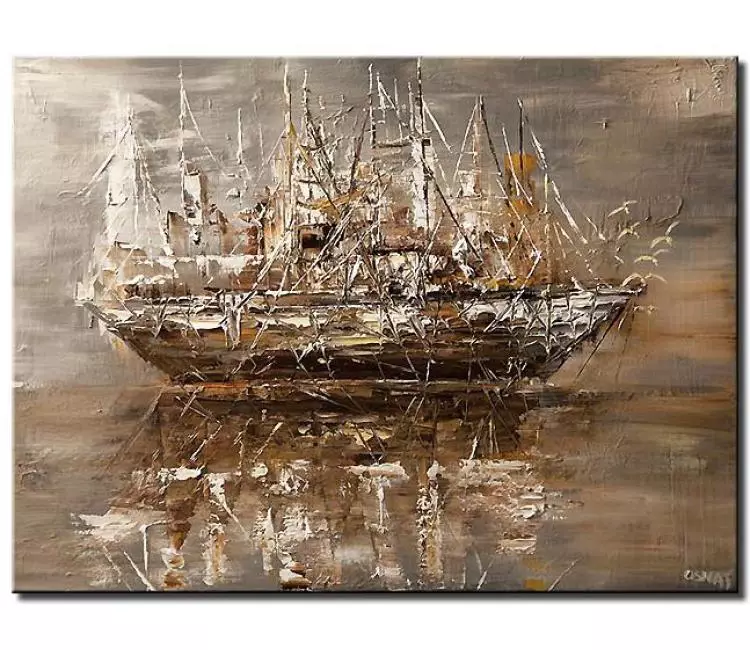 sailboats painting - abstract ship painting on canvas minimalist textured boat painting neutral colors original modern art
