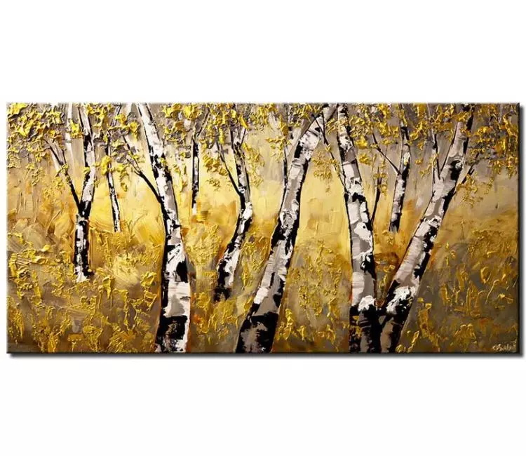 landscape paintings - gold texture forest white birch trees painting on canvas original abstract landscape art minimalist modern art