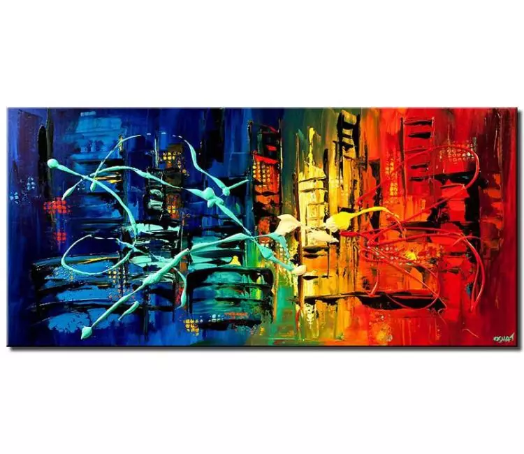 cityscape painting - colorful abstract cityscape painting on canvas original textured city art blue red painting modern art