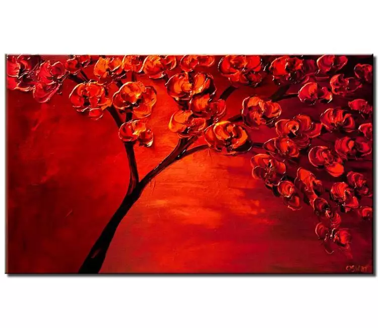 forest painting - textured red tree painting on canvas original abstract blooming tree art modern palette knife minimalist art